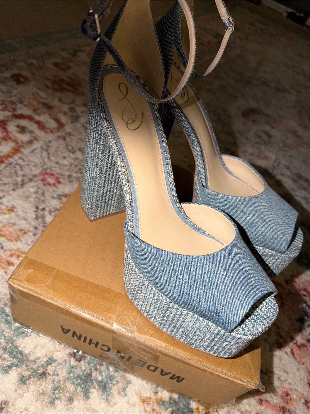 Jessica Simpson Light Blue Denim Peep-Toe Platform Sandals with Ankle Strap - Picture 3 of 5